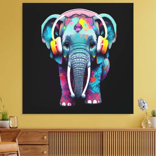 Leuke Baby Olifant met Hoofdtelefoon Canvas Afdruk (Insitu (Woonkamer))