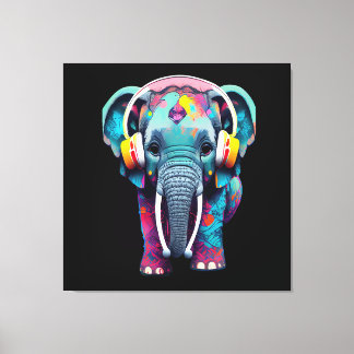 Leuke Baby Olifant met Hoofdtelefoon Canvas Afdruk