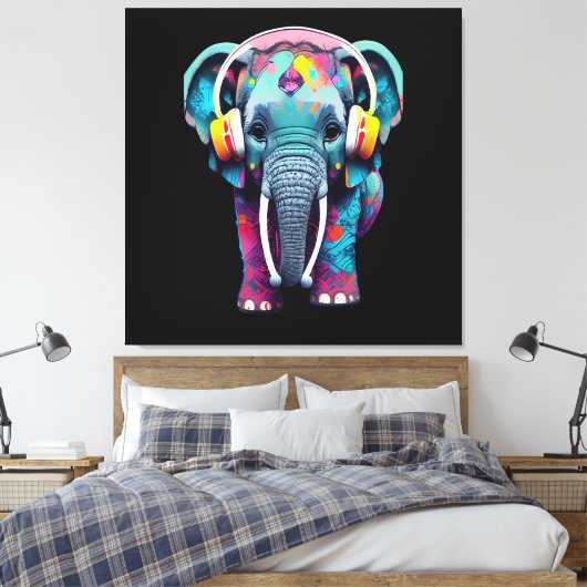 Leuke Baby Olifant met Hoofdtelefoon Canvas Afdruk (Insitu (Slaapkamer))