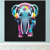 Leuke Baby Olifant met Hoofdtelefoon Canvas Afdruk (Insitu (Houten vloer))