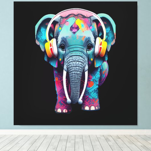 Leuke Baby Olifant met Hoofdtelefoon Canvas Afdruk (Insitu (Houten vloer))