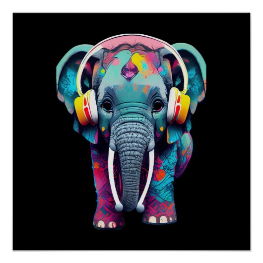 Leuke Baby Olifant met Hoofdtelefoon Perfect Poster (Voorkant)