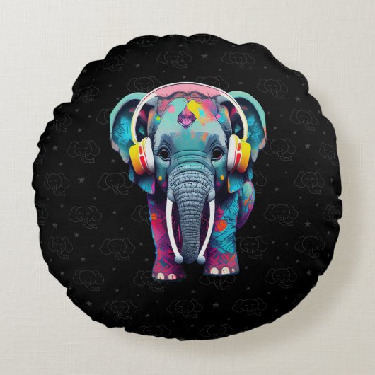Leuke Baby Olifant met Hoofdtelefoon Rond Kussen (Voorkant)