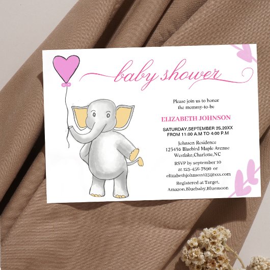 Leuke baby olifant met roze hart baby shower kaart