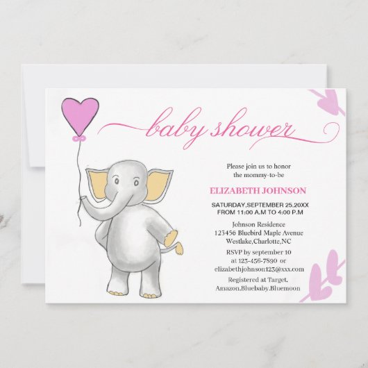 Leuke baby olifant met roze hart baby shower kaart (Voorkant)