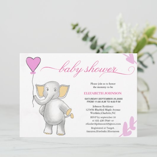 Leuke baby olifant met roze hart baby shower kaart (Staand voorkant)