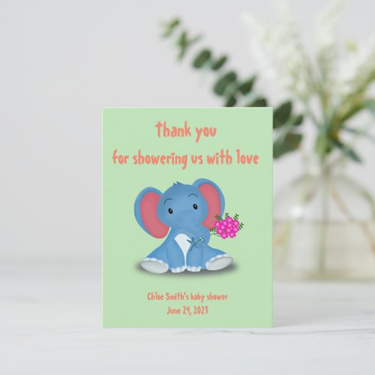 Leuke baby olifant stuur dank u bloemen bedankkaart (Staand voorkant)