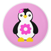 Leuke Baby Pinguïn met roze bloemen Keramische Knop (Voorkant)