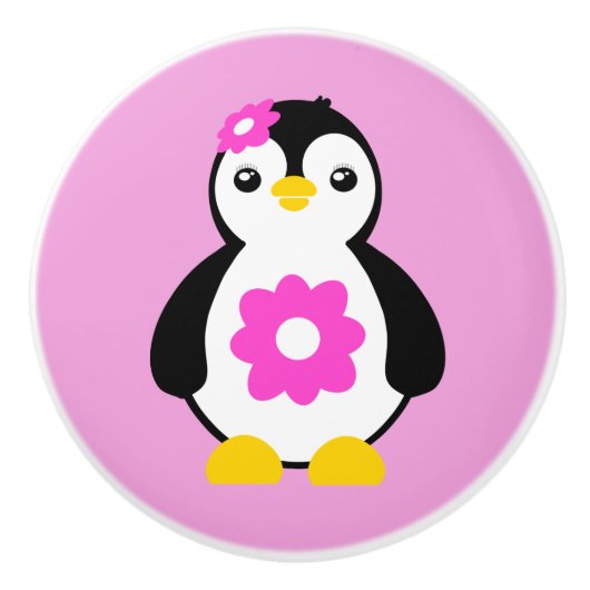 Leuke Baby Pinguïn met roze bloemen Keramische Knop (Voorkant)