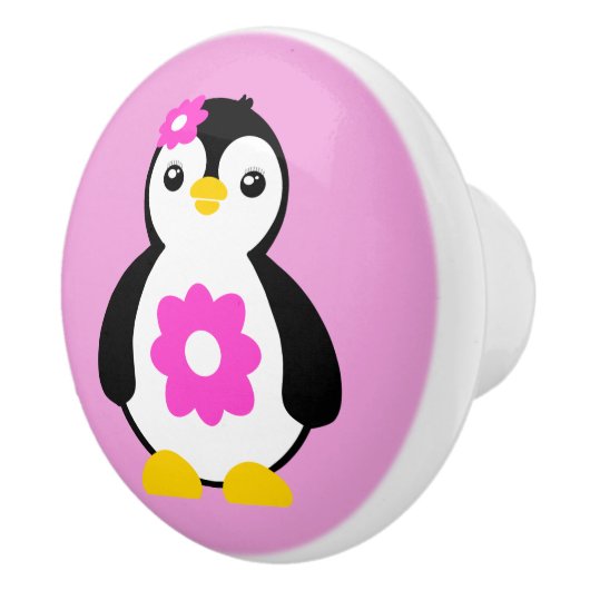 Leuke Baby Pinguïn met roze bloemen Keramische Knop (Rechts)