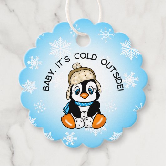 Leuke Baby Pinguïn met Sneeuwvlokken Achtergrond Bedankjes Labels (Voorkant)