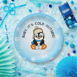 Leuke Baby Pinguïn met Sneeuwvlokken Achtergrond Papieren Bordje