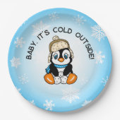 Leuke Baby Pinguïn met Sneeuwvlokken Achtergrond Papieren Bordje (Voorkant)
