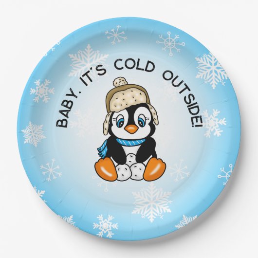 Leuke Baby Pinguïn met Sneeuwvlokken Achtergrond Papieren Bordje (Voorkant)