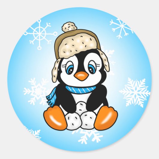 Leuke Baby Pinguïn met Sneeuwvlokken Achtergrond Ronde Sticker (Voorkant)