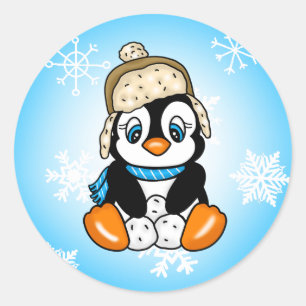 Leuke Baby Pinguïn met Sneeuwvlokken Achtergrond Ronde Sticker