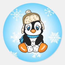 Leuke Baby Pinguïn met Sneeuwvlokken Achtergrond Ronde Sticker