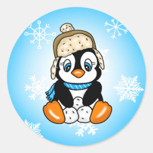 Leuke Baby Pinguïn met Sneeuwvlokken Achtergrond Ronde Sticker