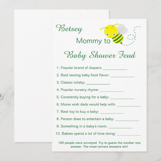 Leuke Baby Shower Feud spelkaarten Kaart (Voorkant / Achterkant)