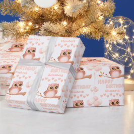 Leuke Baby Uil Balloon Meisje Gelukkige Verjaardag Cadeaupapier