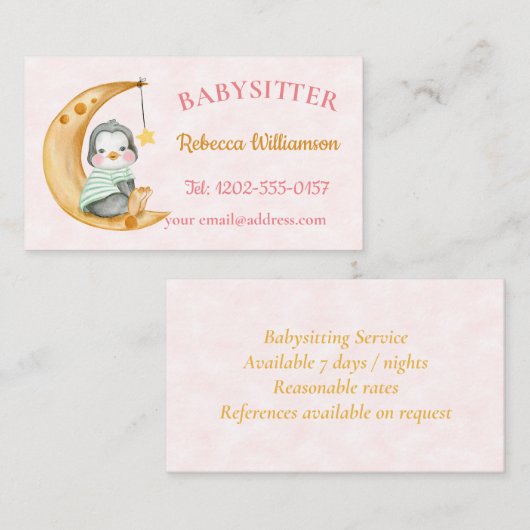 Leuke Babysitter Pinguïn Maan Roze Visitekaartje (Voorkant / Achterkant)