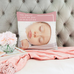 Leuke Babyyfoto Roze & Wit Spreuk Kussen