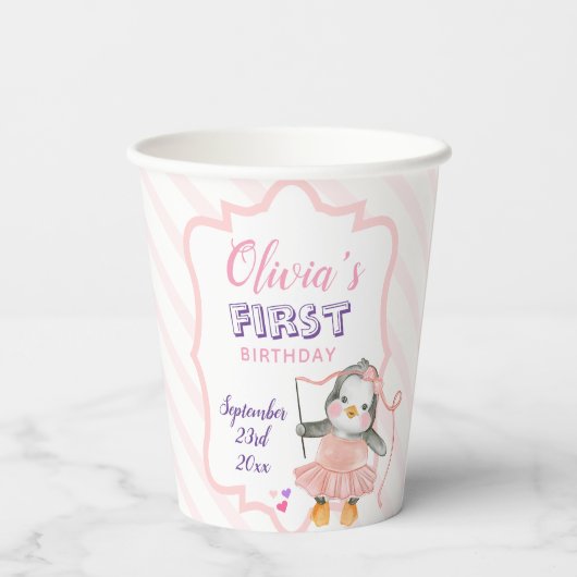 Leuke Ballerina Baby Penguin Roze 1e Verjaardag Papieren Bekers (Achterkant)