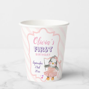 Leuke Ballerina Baby Penguin Roze 1e Verjaardag Papieren Bekers