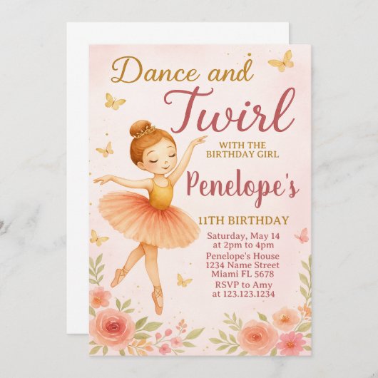 Leuke Ballerina verjaardagsuitnodiging Kaart (Voorkant / Achterkant)