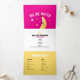 Leuke banaanfeest aangepaste kit modern en bewerkb drieluik uitnodiging