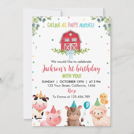 Leuke Barnyard Boerderij Dieren 1e Verjaardag Uitn Kaart (Voorkant)
