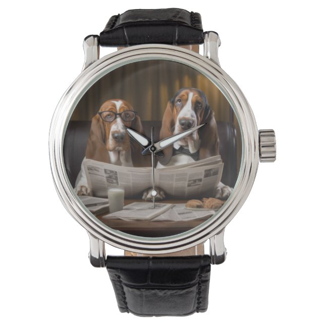 Leuke basset hounds lezen krant horloge (Voorkant)