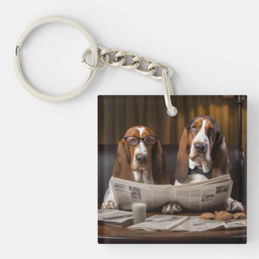 Leuke basset hounds lezen van het nieuws sleutelhanger (voorkant)