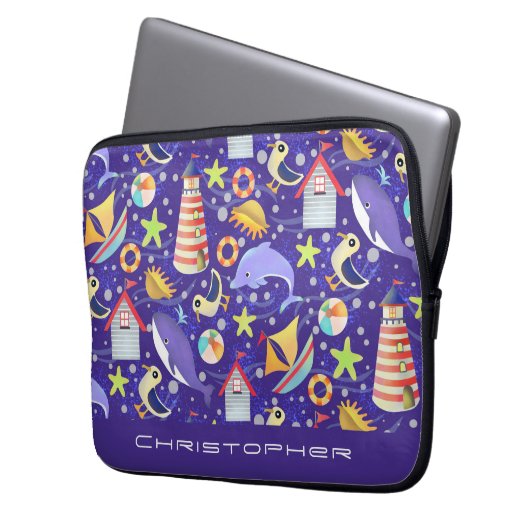 Leuke Beach Navy Electronics Bag Laptop Sleeve (Voorkant Links)