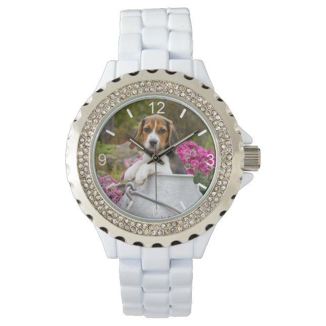 Leuke Beagle Dog Puppy Melkkarn Vrouwen Dial-bord Horloge (Voorkant)