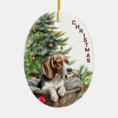 Leuke Beagle Hond Rieten Mand Kerstmis Keramisch Ornament (Voorkant)