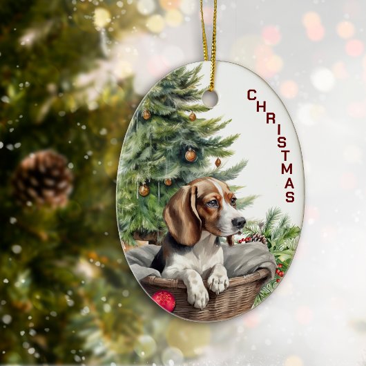 Leuke Beagle Hond Rieten Mand Kerstmis Keramisch Ornament