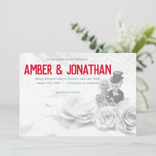 Leuke beeldjes en kant bruiloft uitnodiging (Staand voorkant)