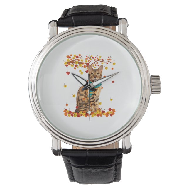 Leuke Bengaalse Thanksgiving Herfst Cat Lover Gift Horloge (Voorkant)