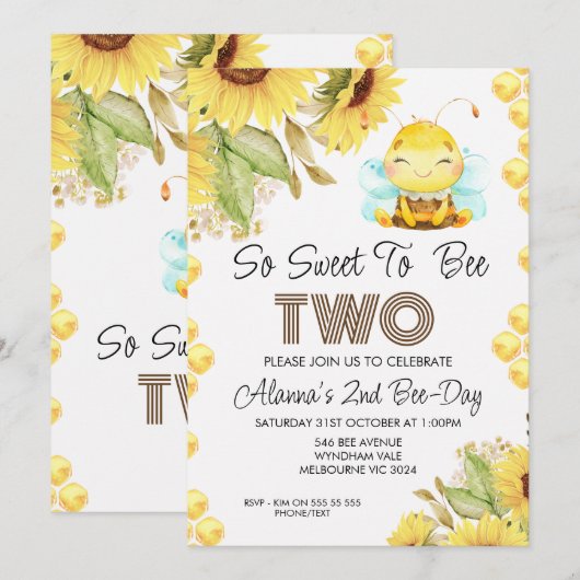 Leuke bijen zonnebloemen 2e verjaardag uitnodiging (Voorkant / Achterkant)