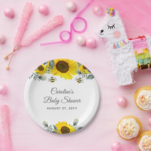 Leuke Bijen & Zonnebloemen Eucalyptus Baby shower Papieren Bordje (Feest)