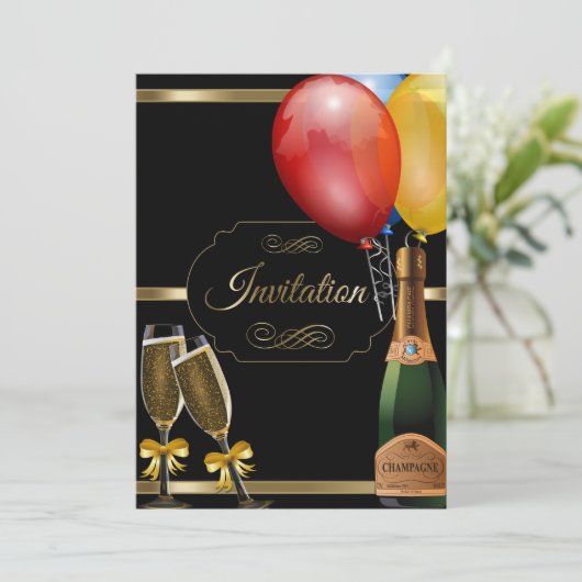 Leuke Black and Gold Party Uitnodiging (Staand voorkant)