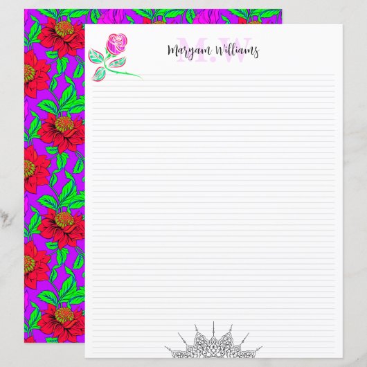Leuke blanco monogram bloemen briefpapier (Voorkant / Achterkant)