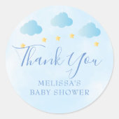 Leuke blauwe baby jongen douche dank je wel gunst ronde sticker (Voorkant)