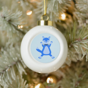 Leuke blauwe baby jongen vos keramische bal ornament