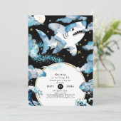 Leuke blauwe bewerkbare haai verjaardag kaart (Staand voorkant)