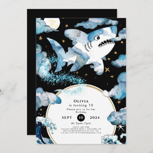 Leuke blauwe bewerkbare haai verjaardag kaart (Voorkant / Achterkant)