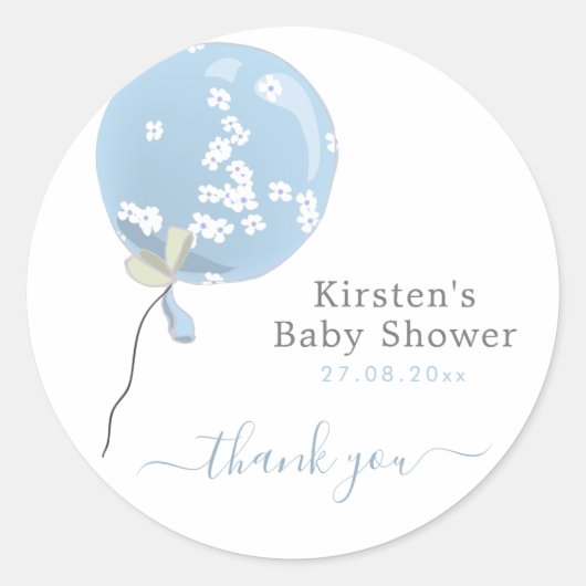Leuke Blauwe Bloemige Ballon - Baby Shower Bedankt Ronde Sticker (Voorkant)