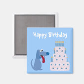 Leuke blauwe cartoon hond & verjaardag taart magne magneet (Voorkant / Achterkant)