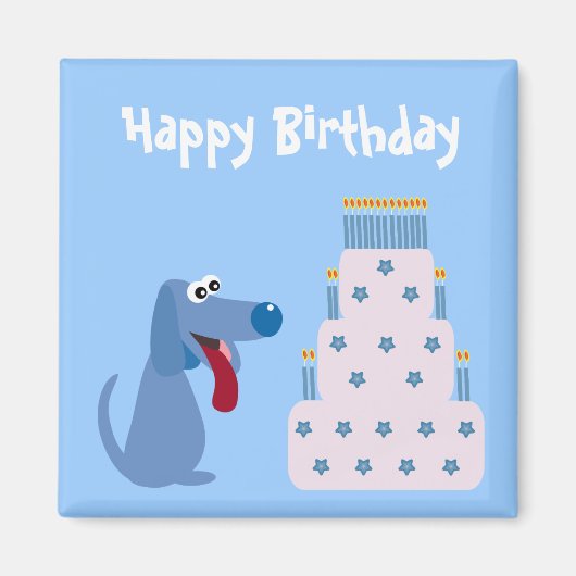Leuke blauwe cartoon hond & verjaardag taart magne magneet (Voorkant)